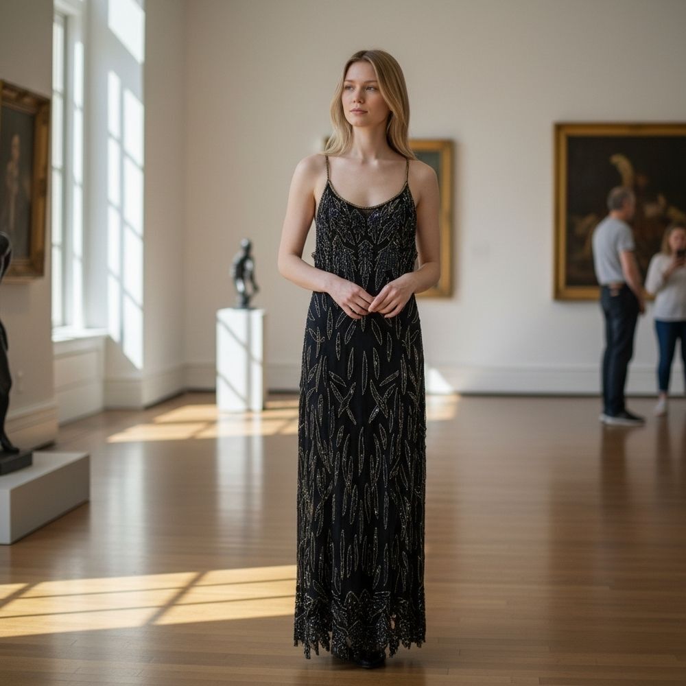 Vintage Black Silk Dress with Iridescent Beaded Leaf Design and Fringe Hem | Tag